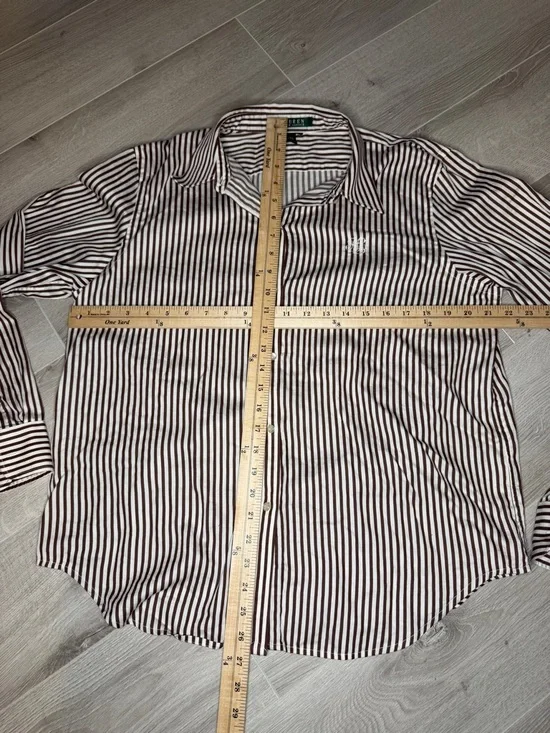 Lauren Ralph Lauren Striped Button Down Shirt Brown White Cotton Sz L - Picture 3 of 8